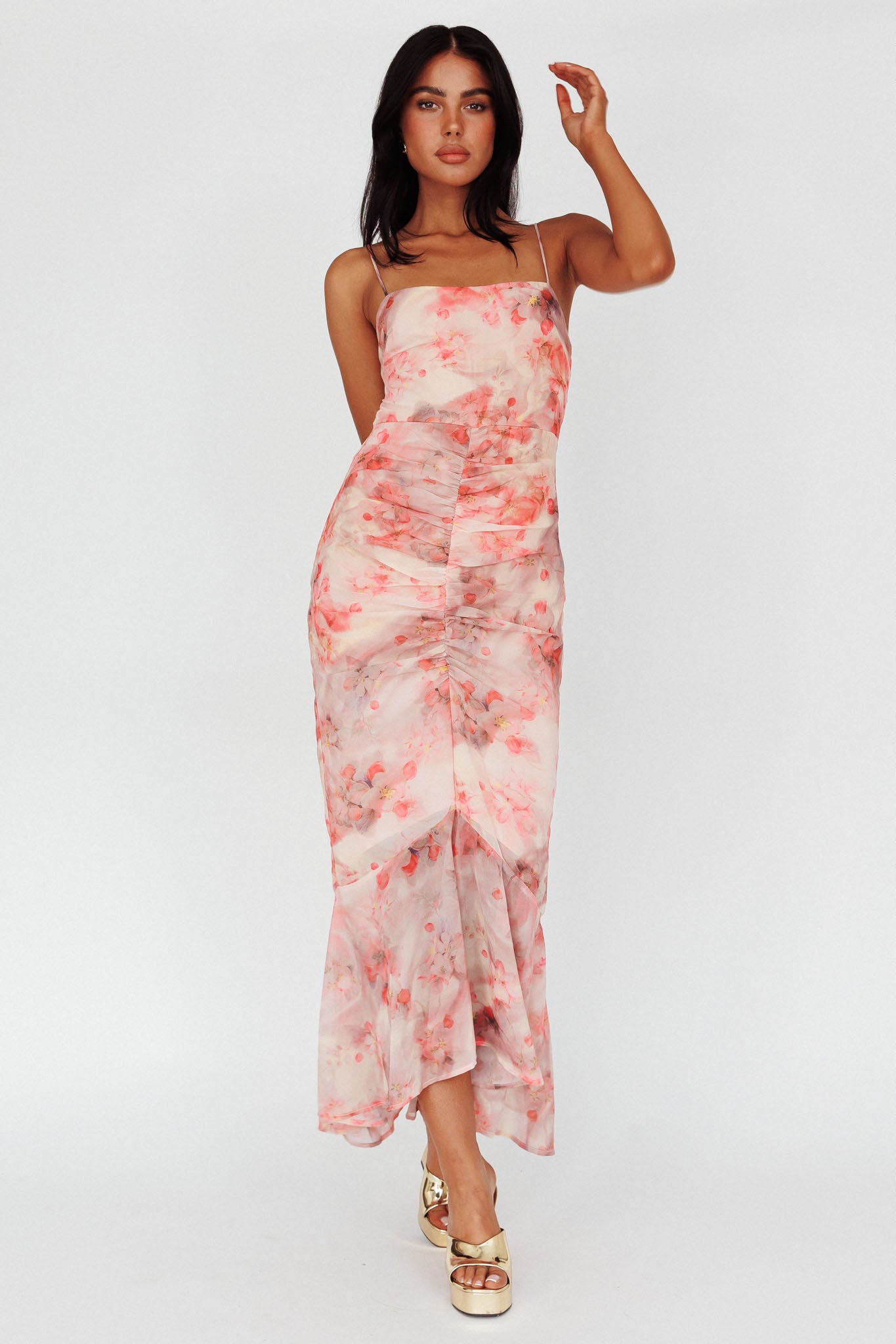 Shop the Sayna Ruched Front Midi Dress Floral Pink | Selfie Leslie ...