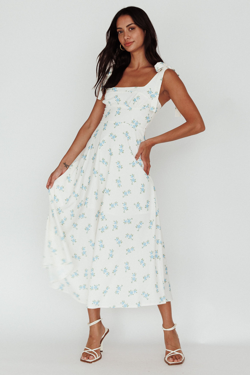 Mathilda Tied Shoulder Midi Dress Blue Floral by Selfie Leslie Australia