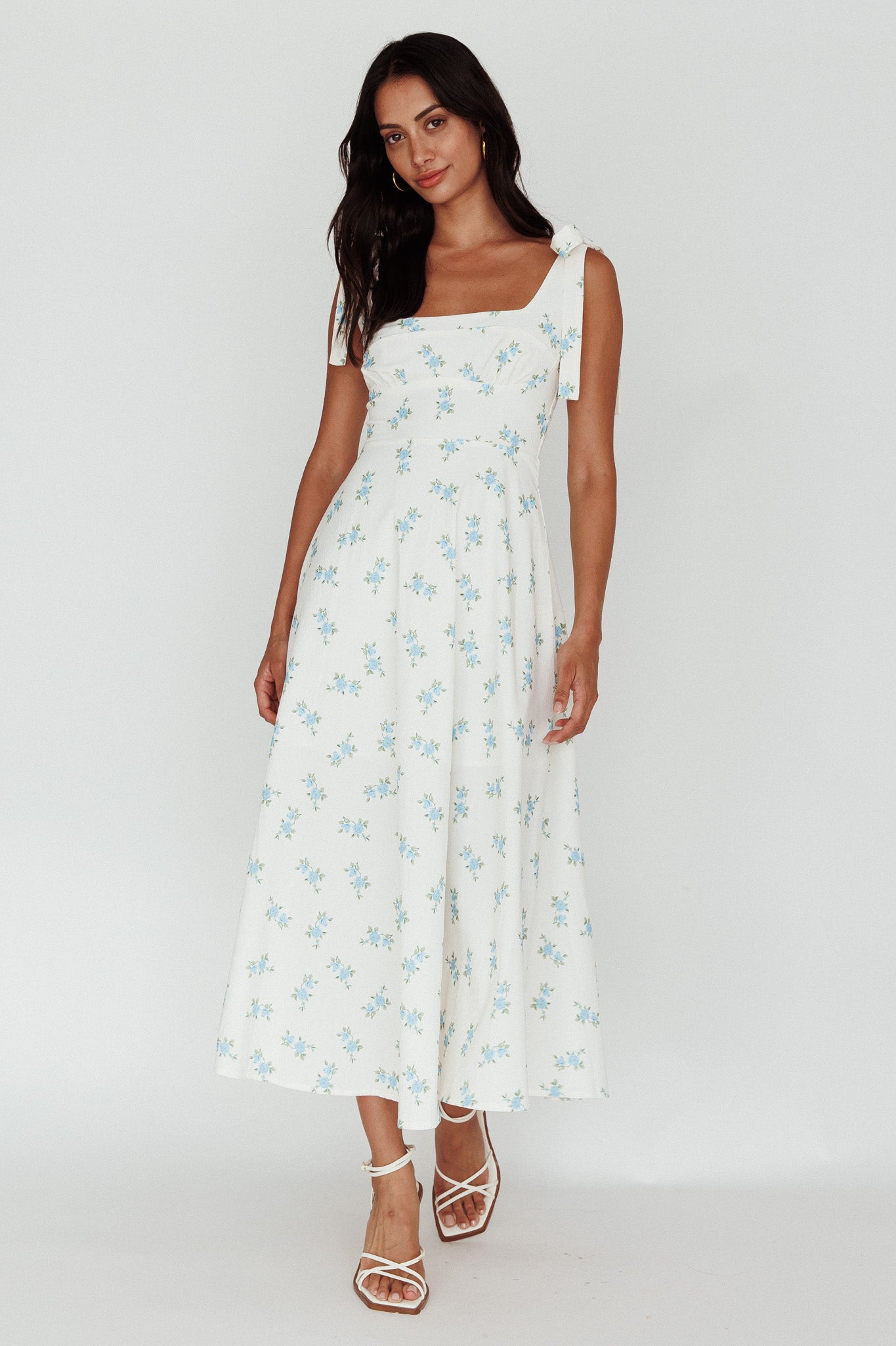 Mathilda Tied Shoulder Midi Dress Blue Floral by Selfie Leslie Australia