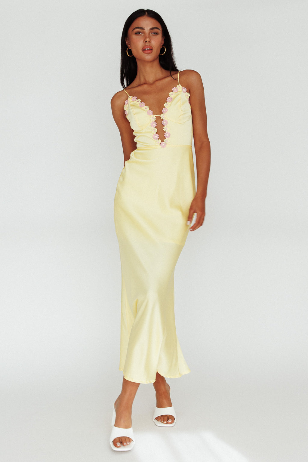 Honeysuckle Floral Neckline Midi Dress Lemon by Selfie Leslie Australia