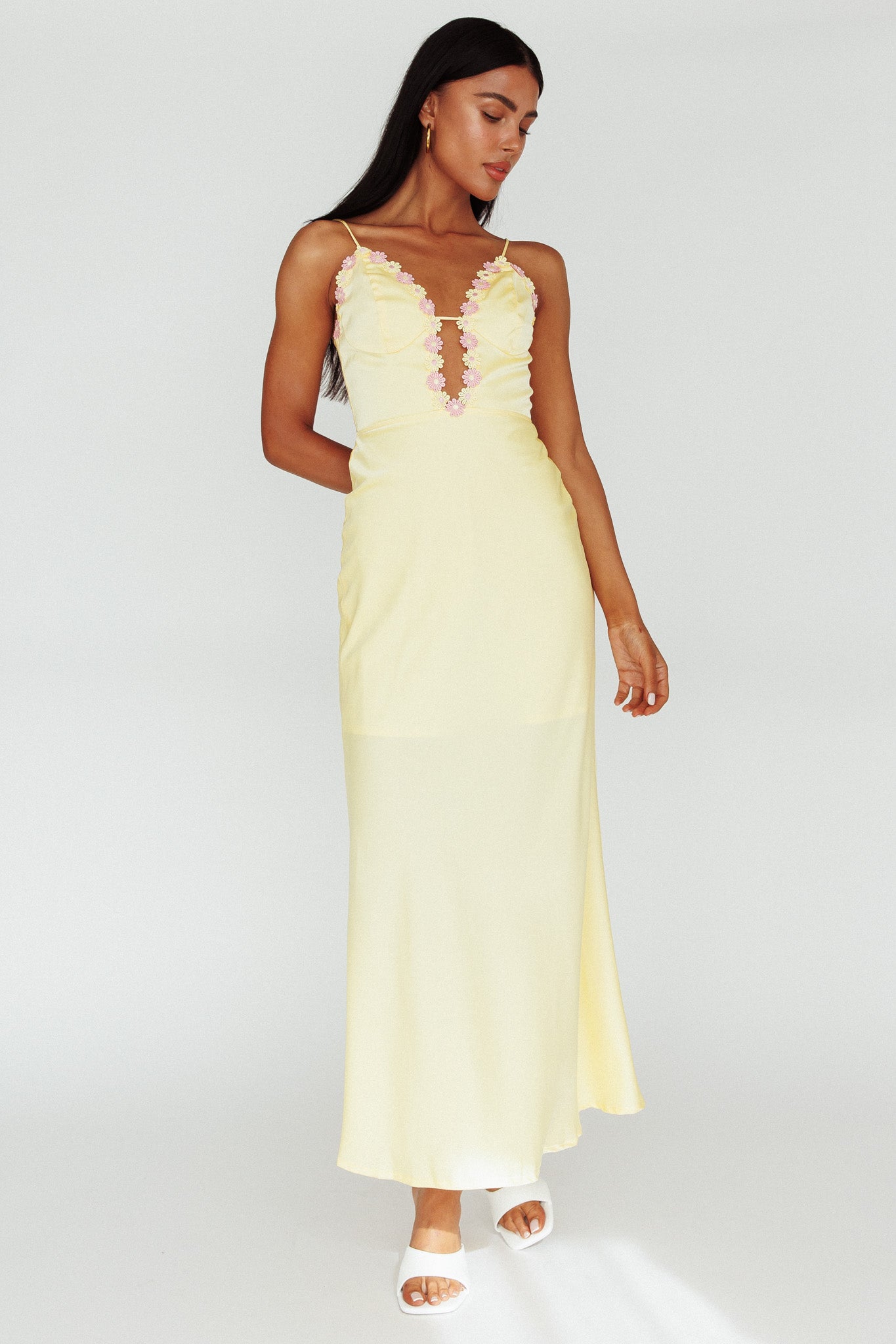 Honeysuckle Floral Neckline Midi Dress Lemon by Selfie Leslie Australia