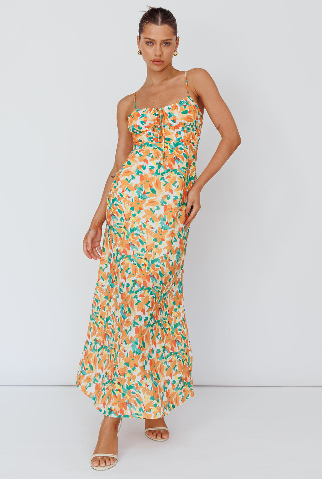 Solstice Noon Tied Bust Midi Dress Print Orange by Selfie Leslie Australia