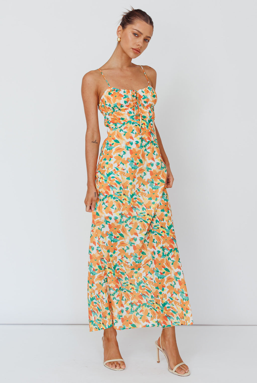 Solstice Noon Tied Bust Midi Dress Print Orange by Selfie Leslie Australia
