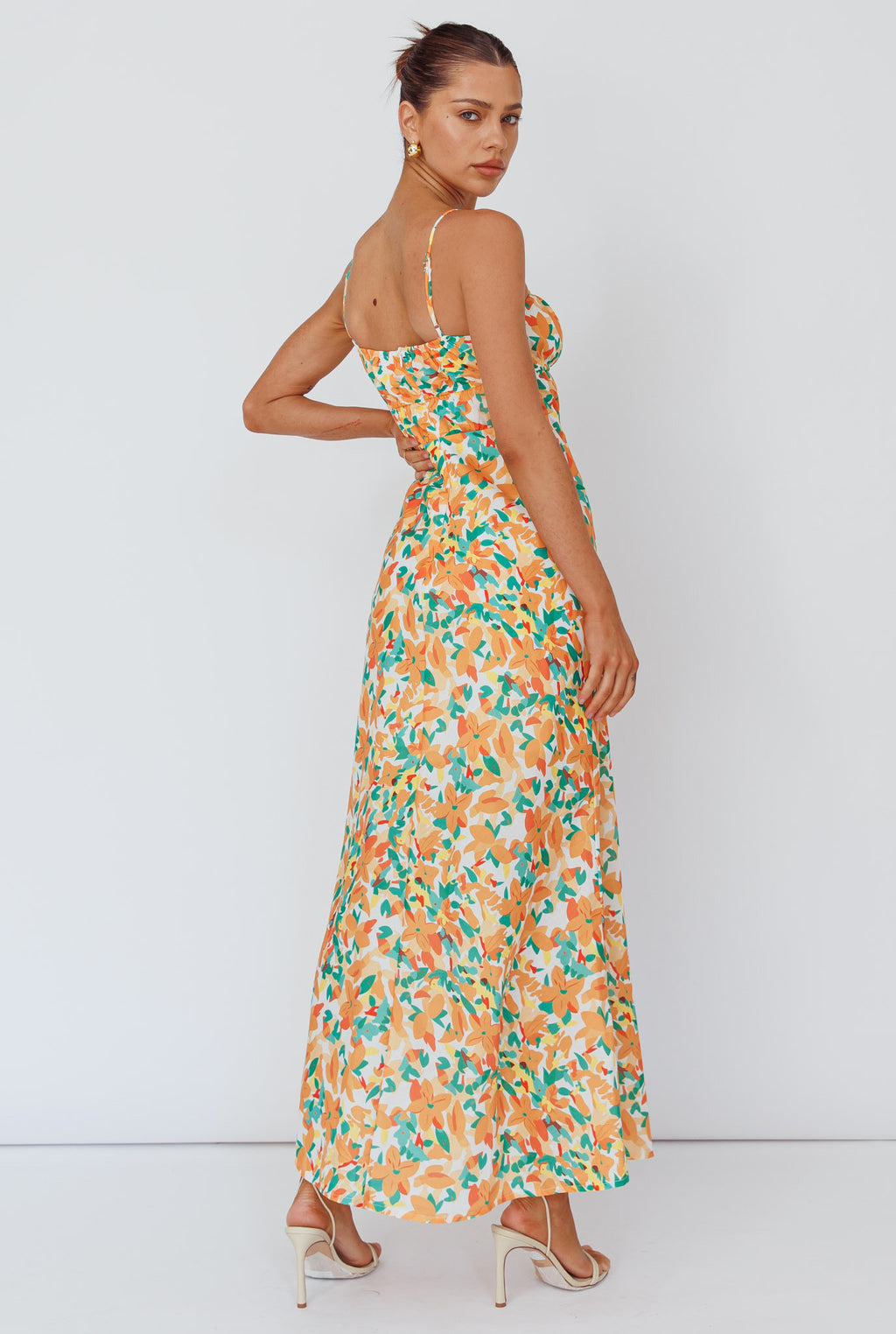 Solstice Noon Tied Bust Midi Dress Print Orange by Selfie Leslie Australia