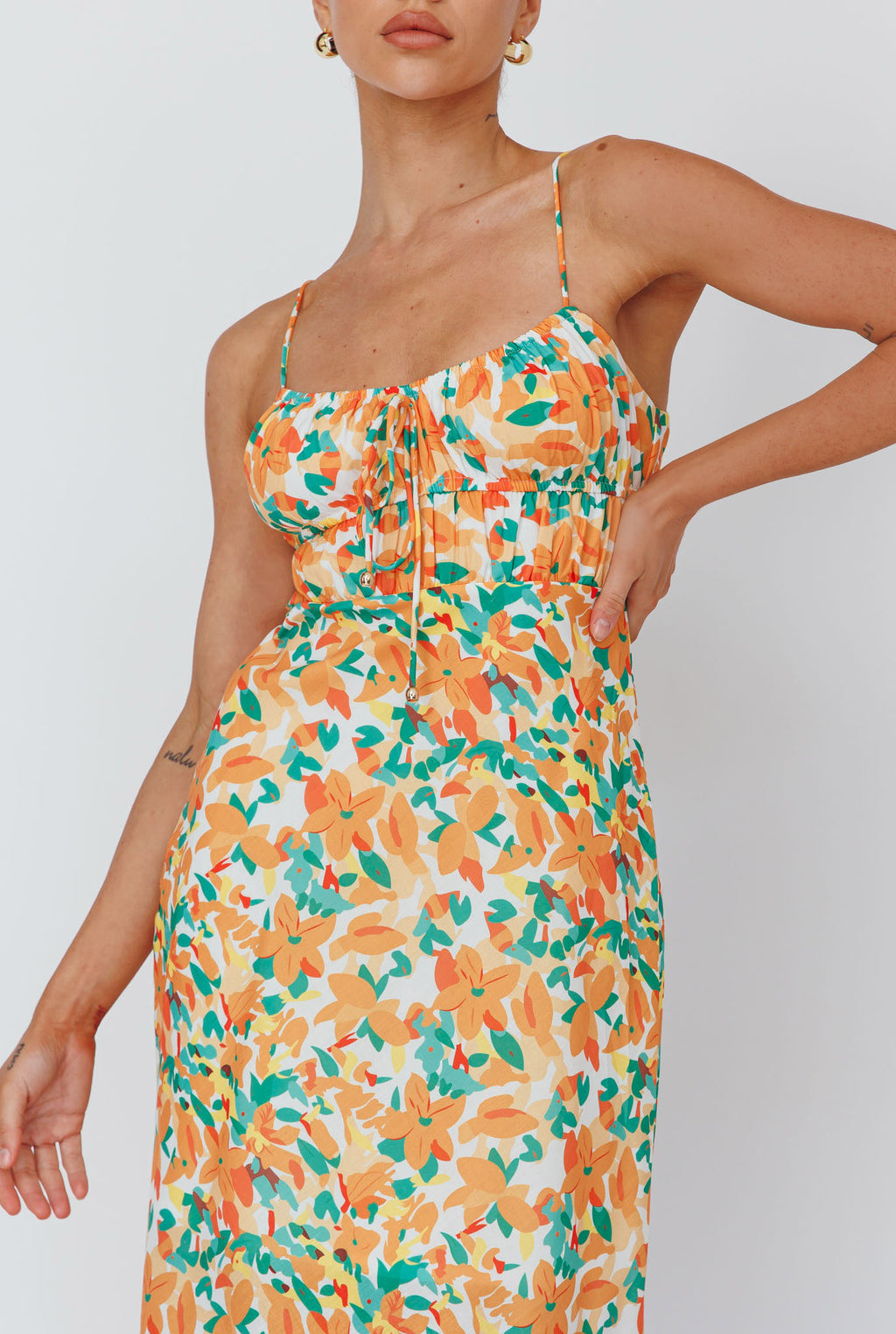 Solstice Noon Tied Bust Midi Dress Print Orange by Selfie Leslie Australia