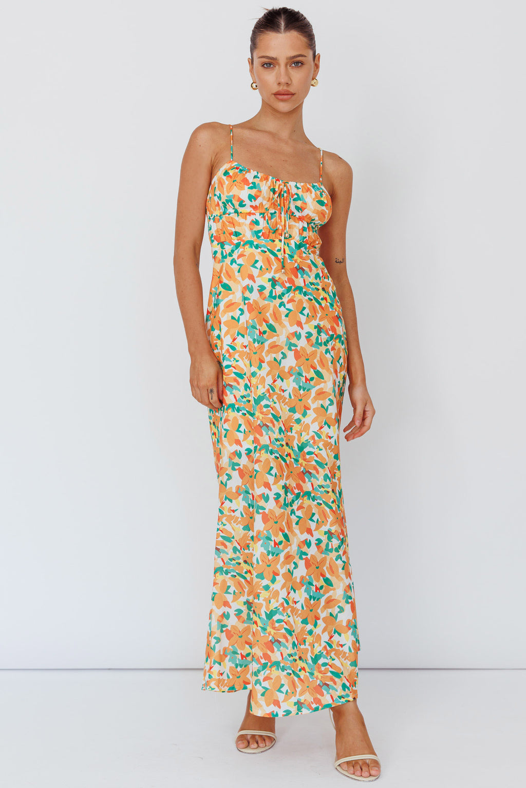 Solstice Noon Tied Bust Midi Dress Print Orange by Selfie Leslie Australia