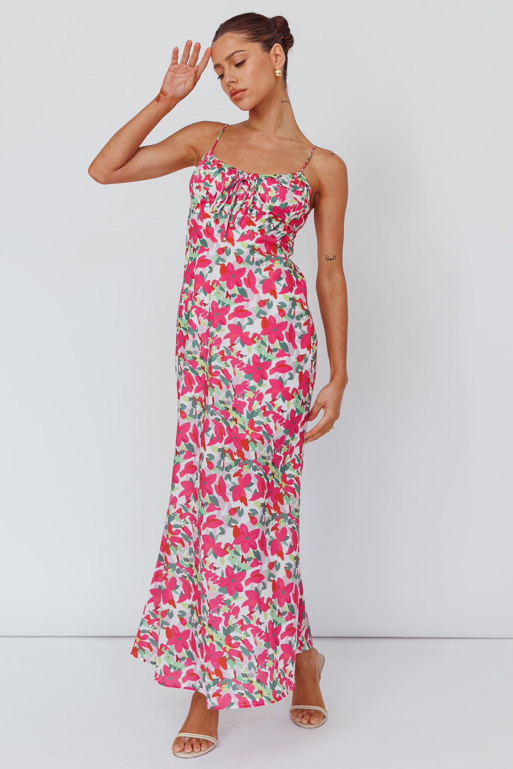 Solstice Noon Tied Bust Midi Dress Print Pink by Selfie Leslie Australia