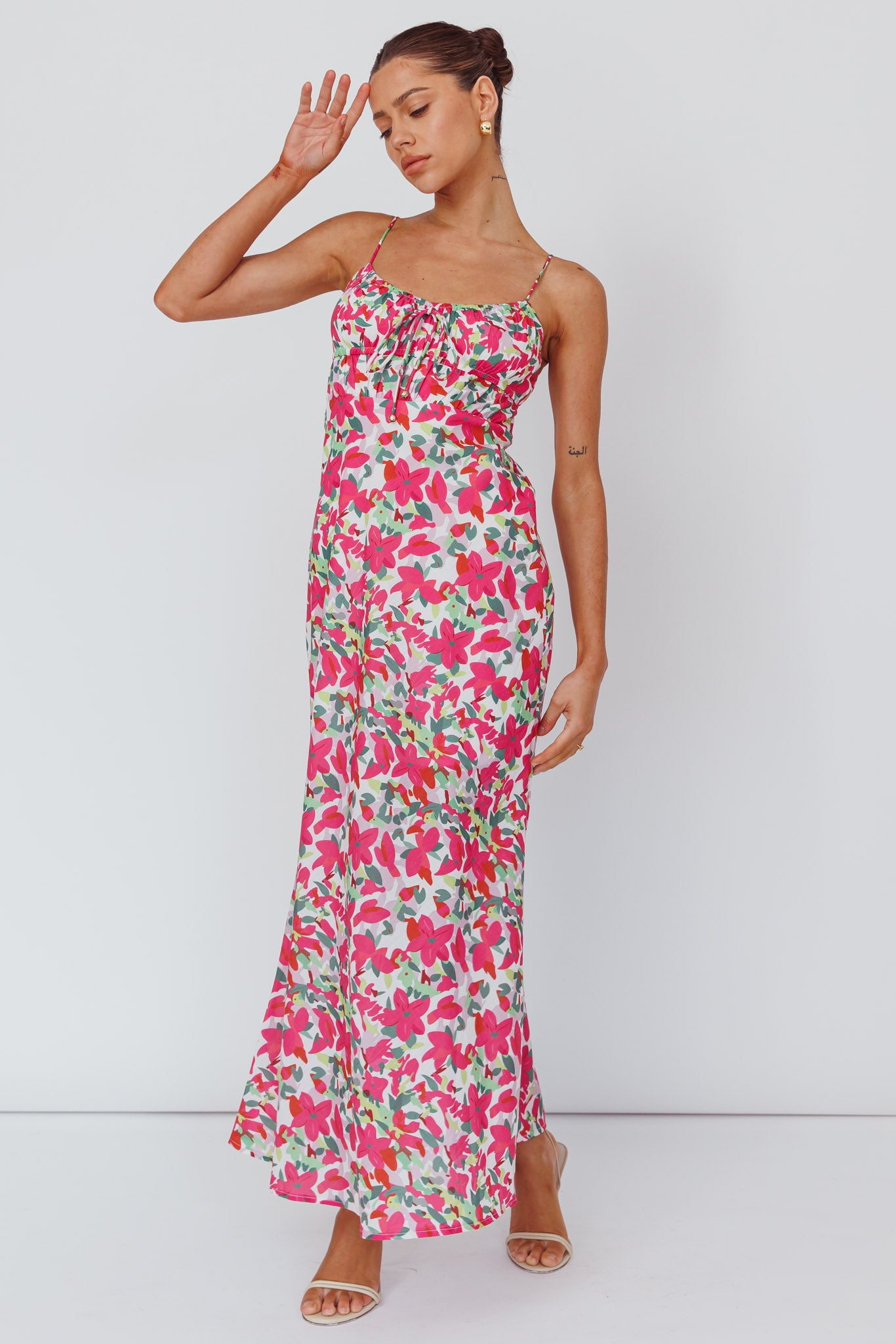Solstice Noon Tied Bust Midi Dress Print Pink by Selfie Leslie Australia