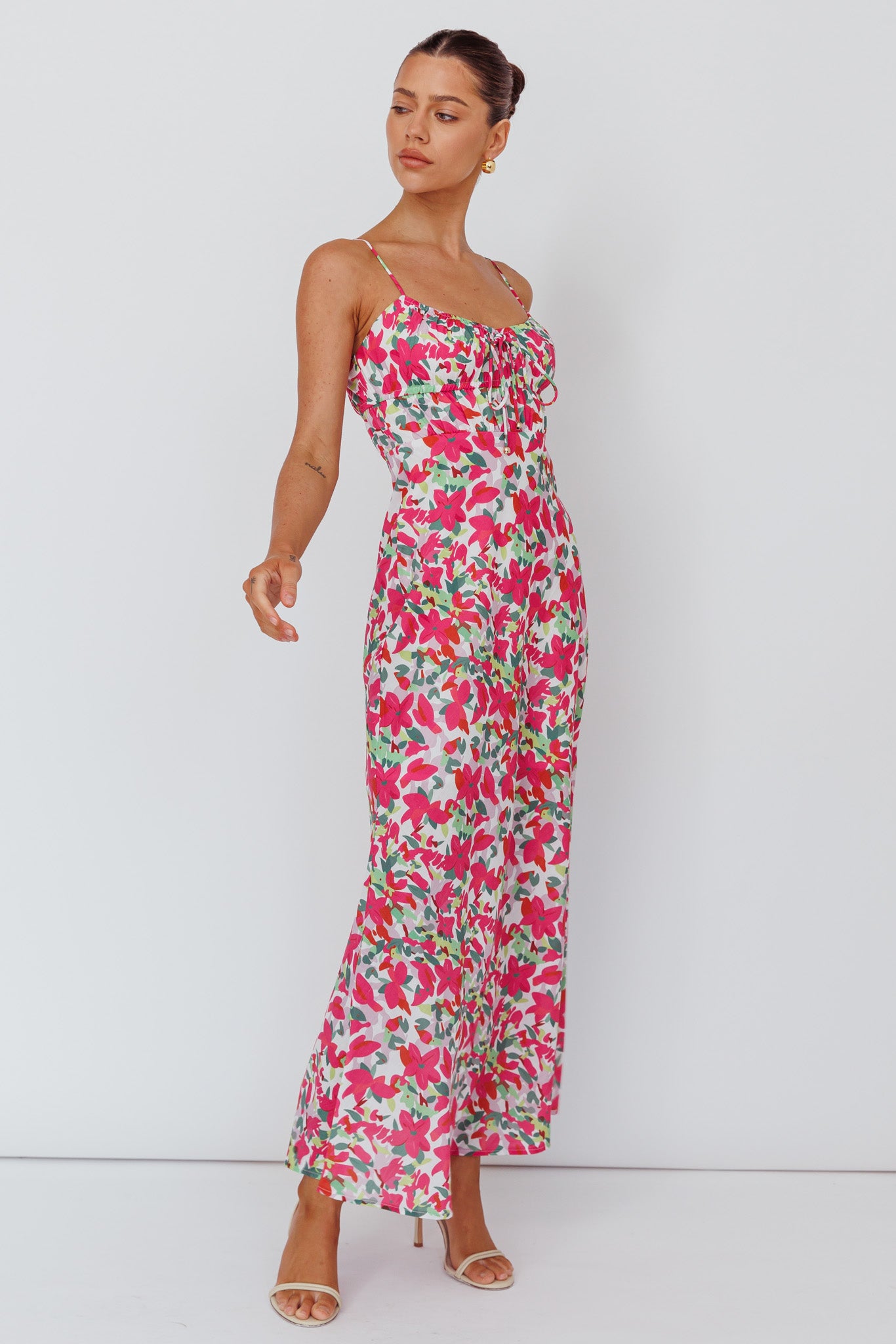 Solstice Noon Tied Bust Midi Dress Print Pink by Selfie Leslie Australia