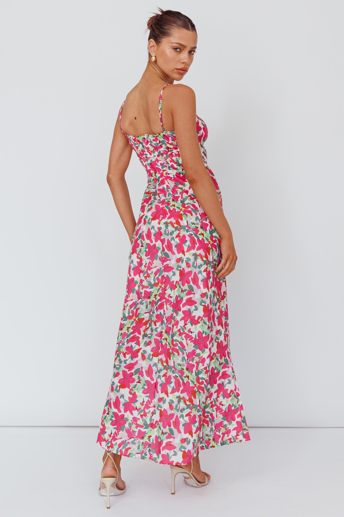 Solstice Noon Tied Bust Midi Dress Print Pink by Selfie Leslie Australia