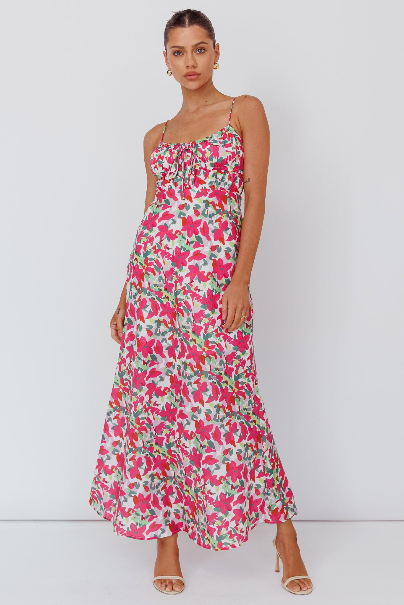 Solstice Noon Tied Bust Midi Dress Print Pink by Selfie Leslie Australia
