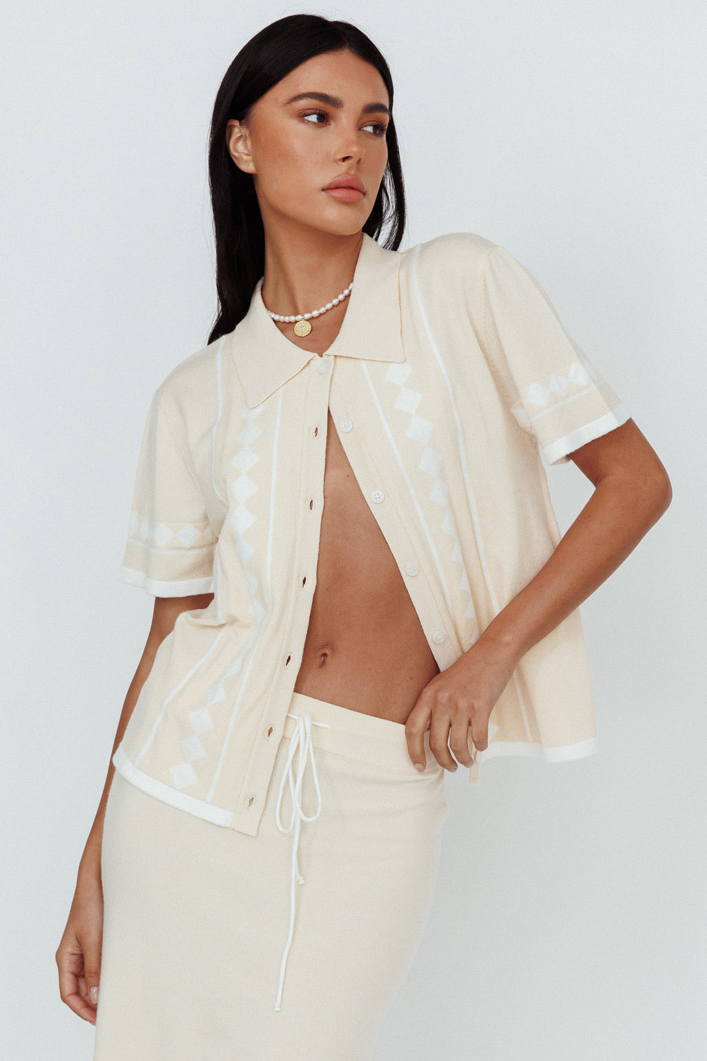 Amalfi Sun Knit Button-Up Shirt Sand by Selfie Leslie Australia
