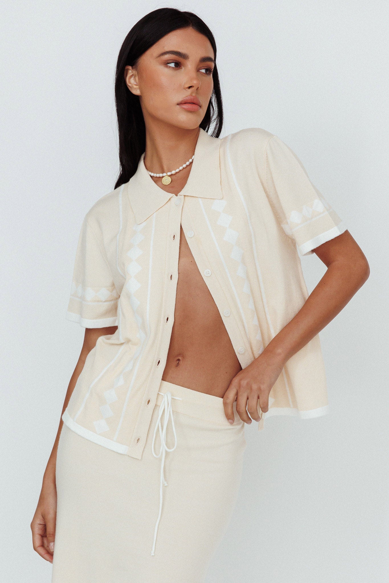 Amalfi Sun Knit Button-Up Shirt Sand by Selfie Leslie Australia
