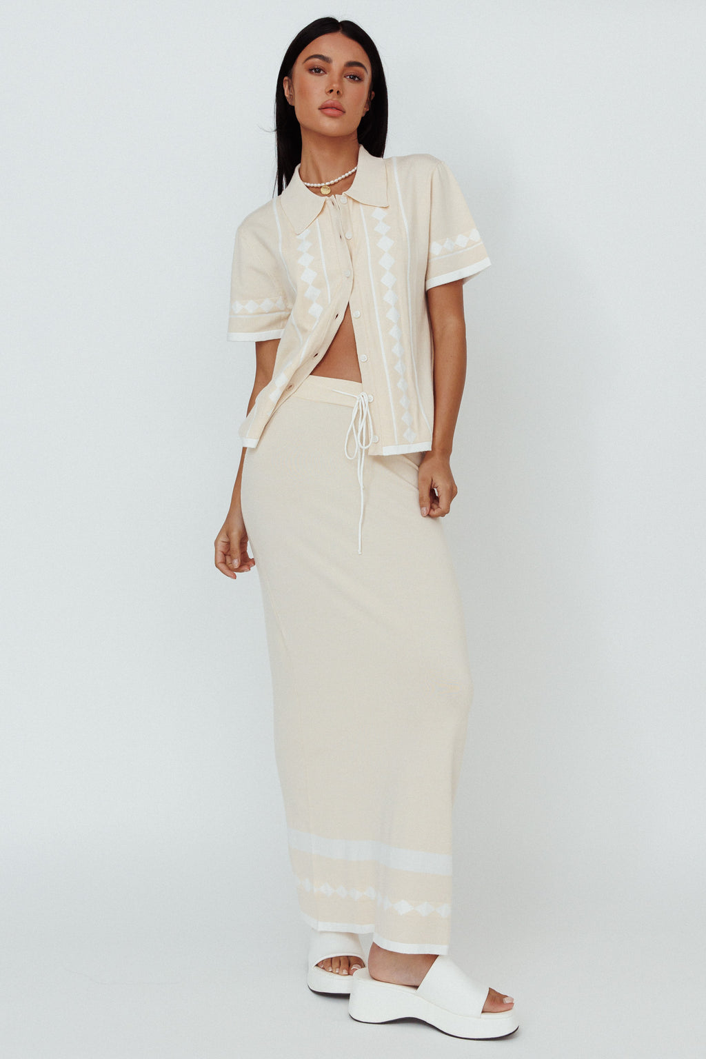 Amalfi Sun Knit Button-Up Shirt Sand by Selfie Leslie Australia