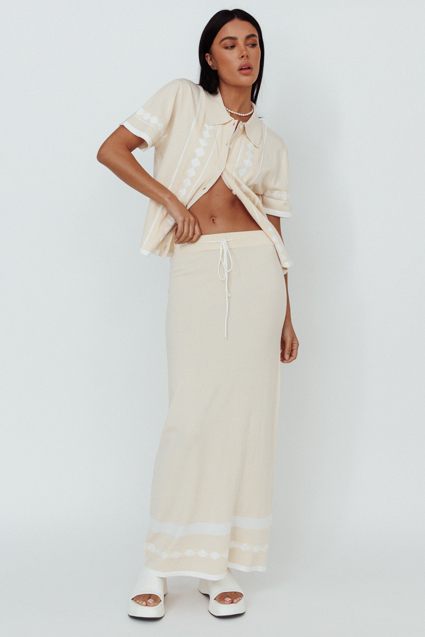 Amalfi Sun Knit Button-Up Shirt Sand by Selfie Leslie Australia