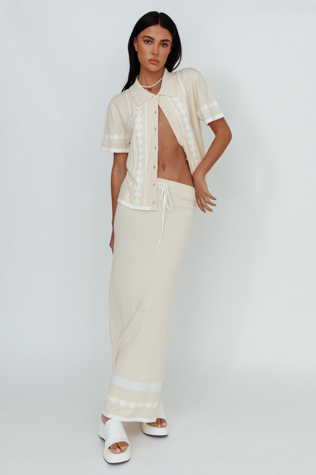 Amalfi Sun Knit Button-Up Shirt Sand by Selfie Leslie Australia