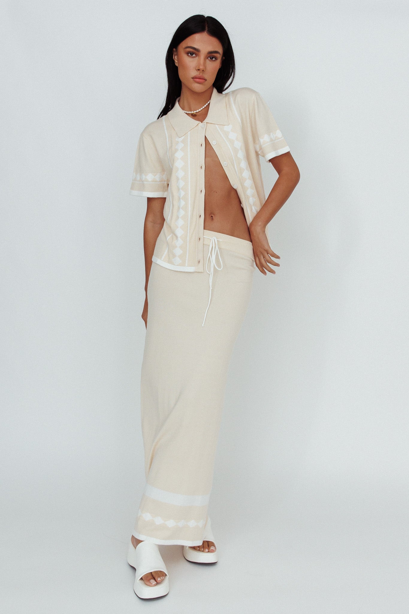 Amalfi Sun Knit Button-Up Shirt Sand by Selfie Leslie Australia