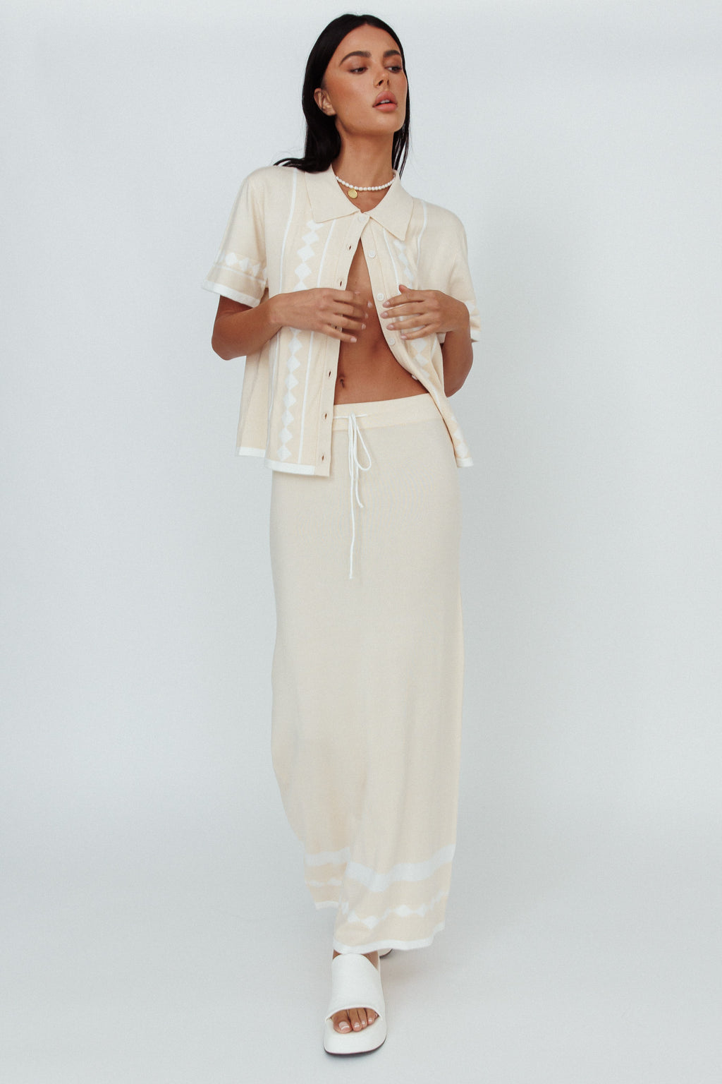 Amalfi Sun Knit Button-Up Shirt Sand by Selfie Leslie Australia