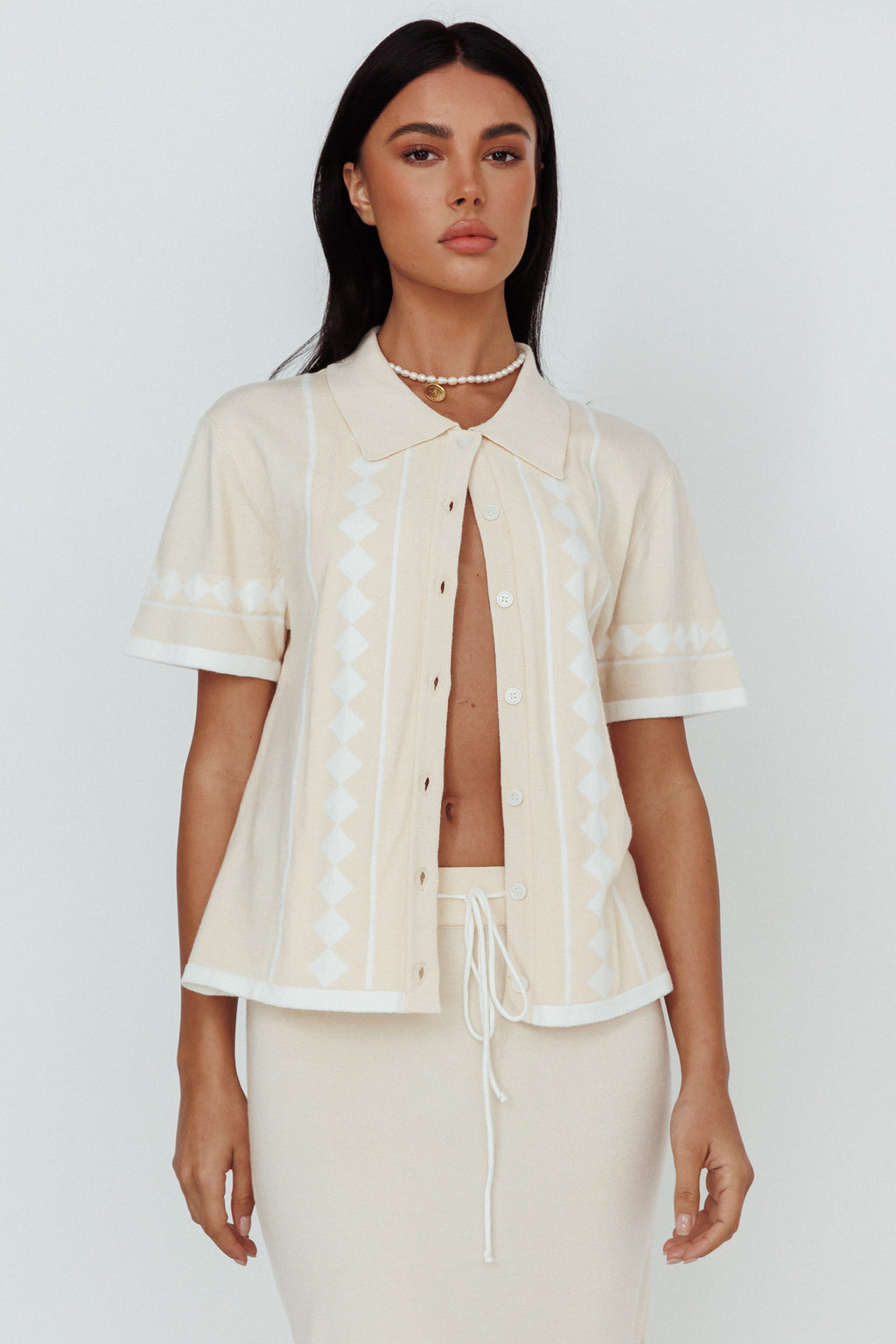 Amalfi Sun Knit Button-Up Shirt Sand by Selfie Leslie Australia
