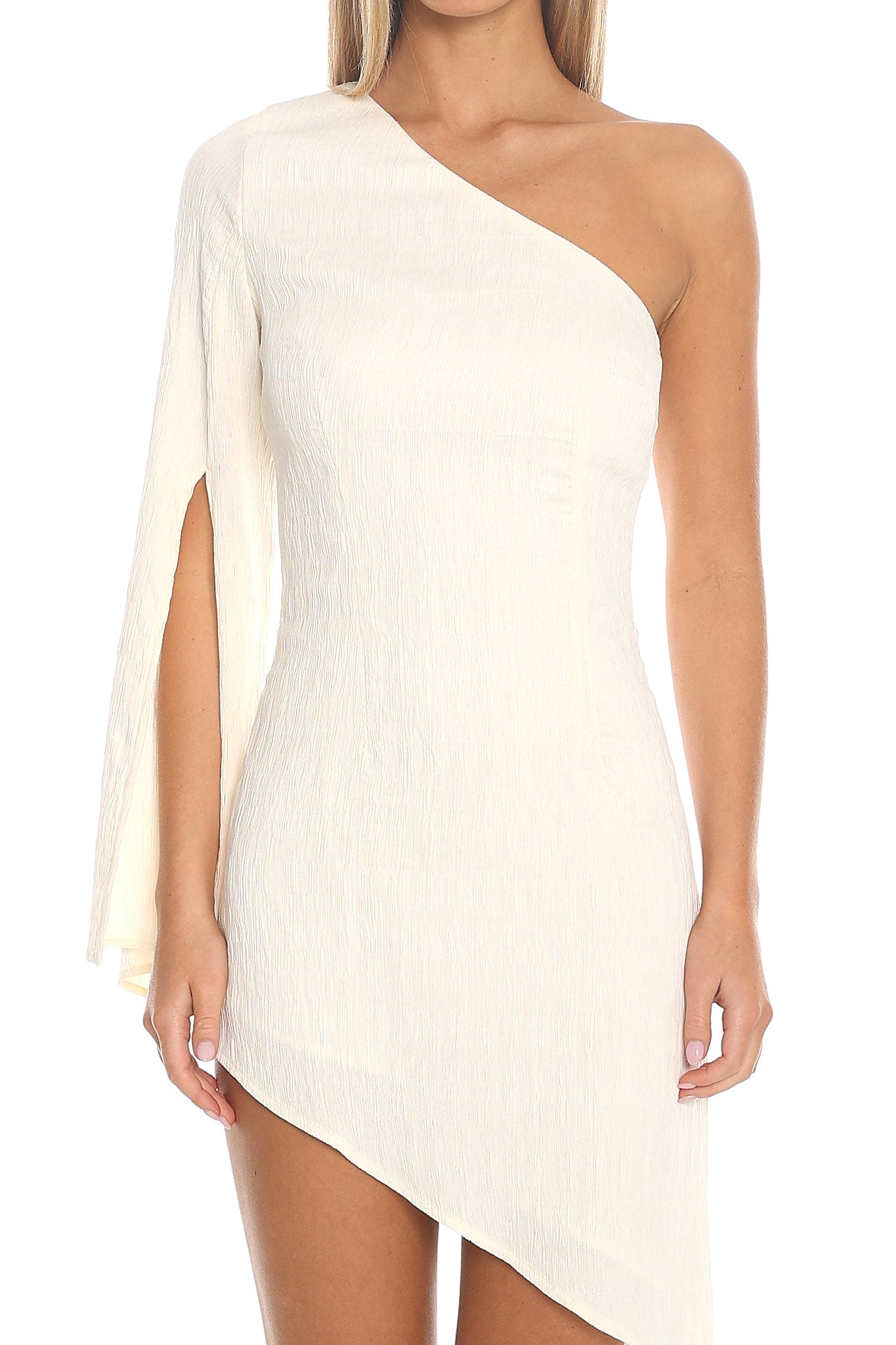 Grecian Goddess Asymmetric Mini Dress Cream