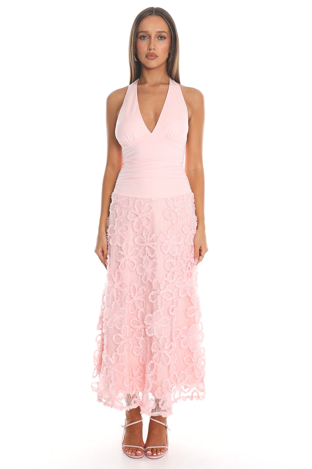 Cassia Halter Lace Maxi Dress Pink
