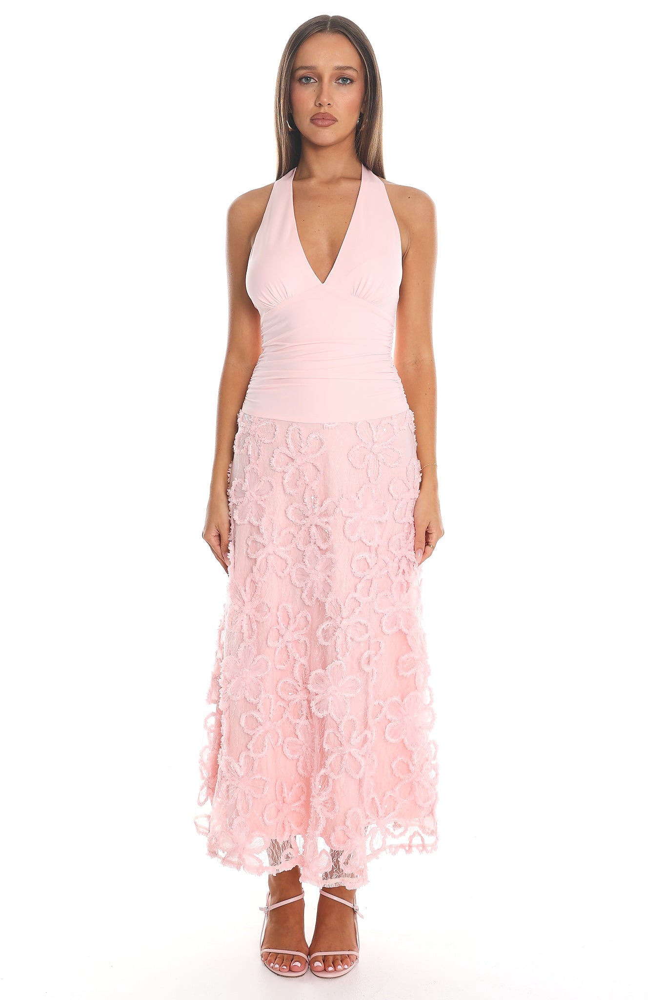 Cassia Halter Lace Maxi Dress Pink