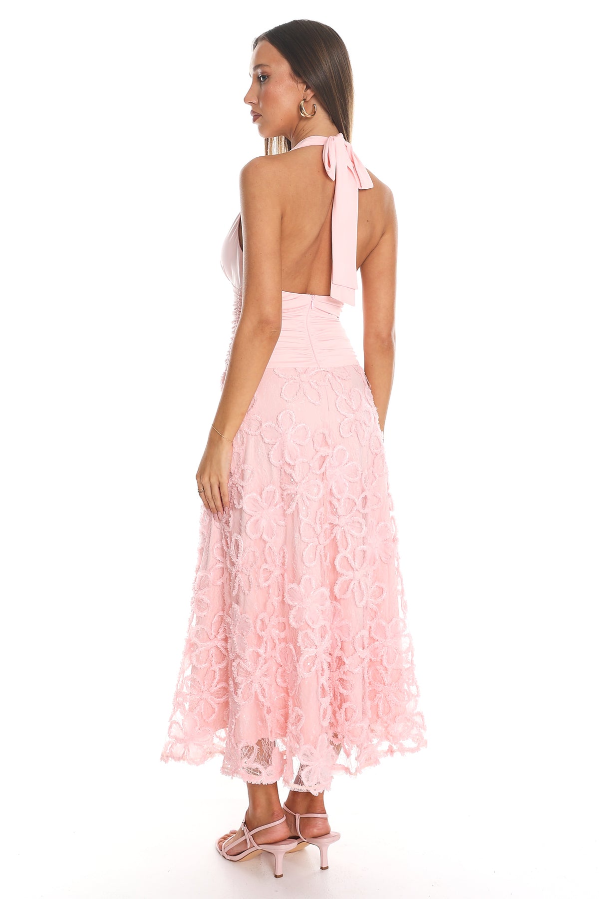 Cassia Halter Lace Maxi Dress Pink