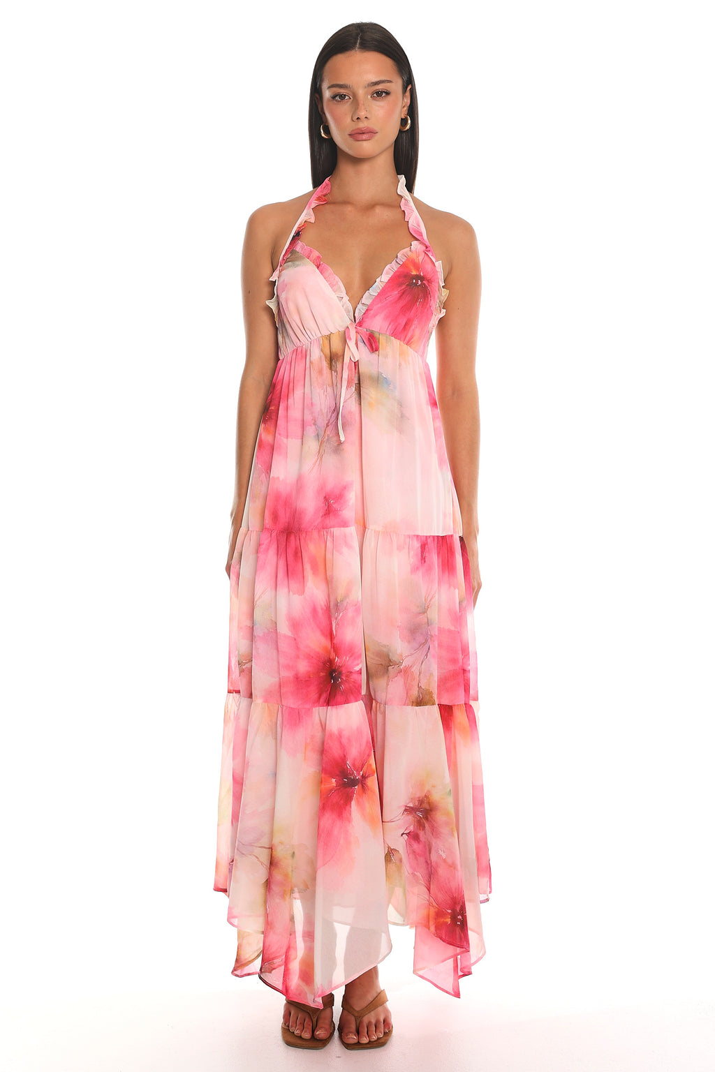 Island Escape Ruffled Halter Dress Pink