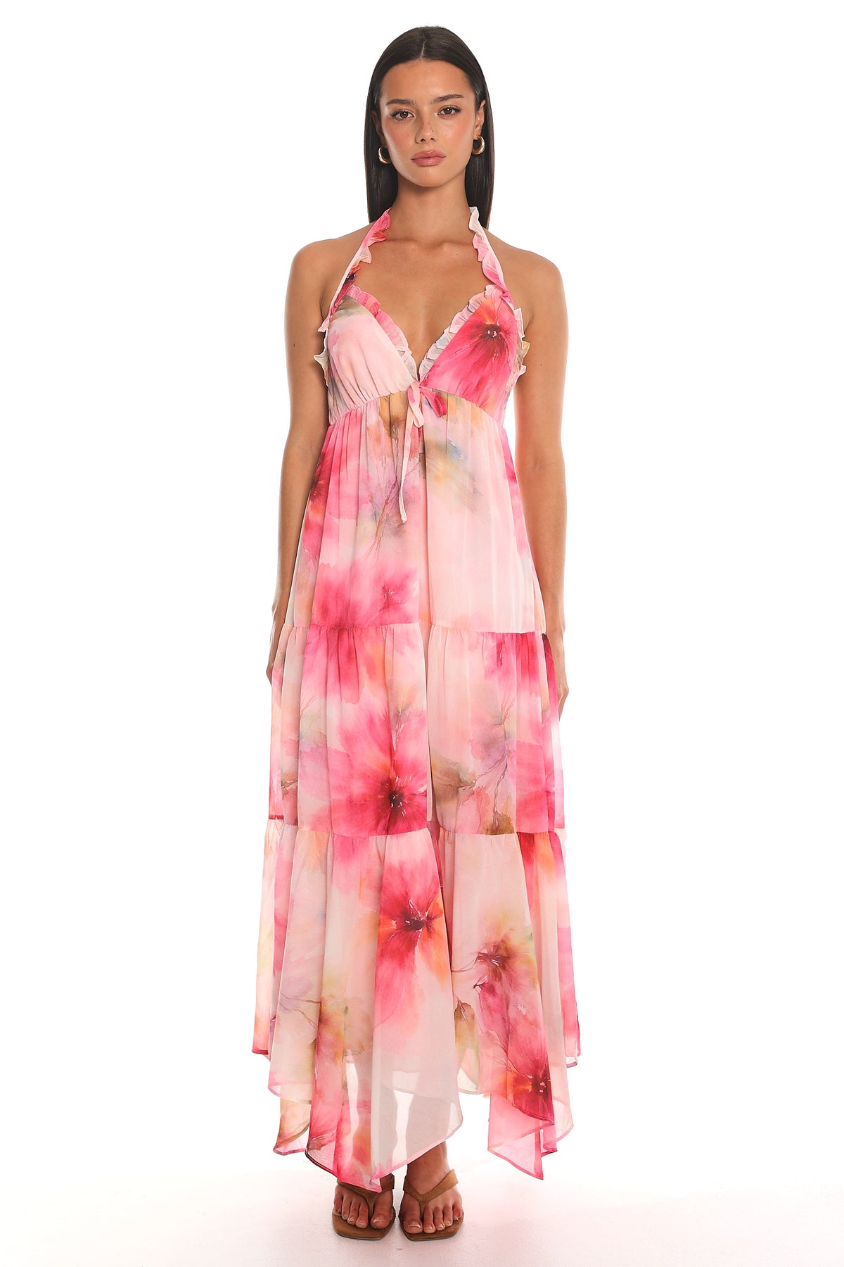 Island Escape Ruffled Halter Dress Pink