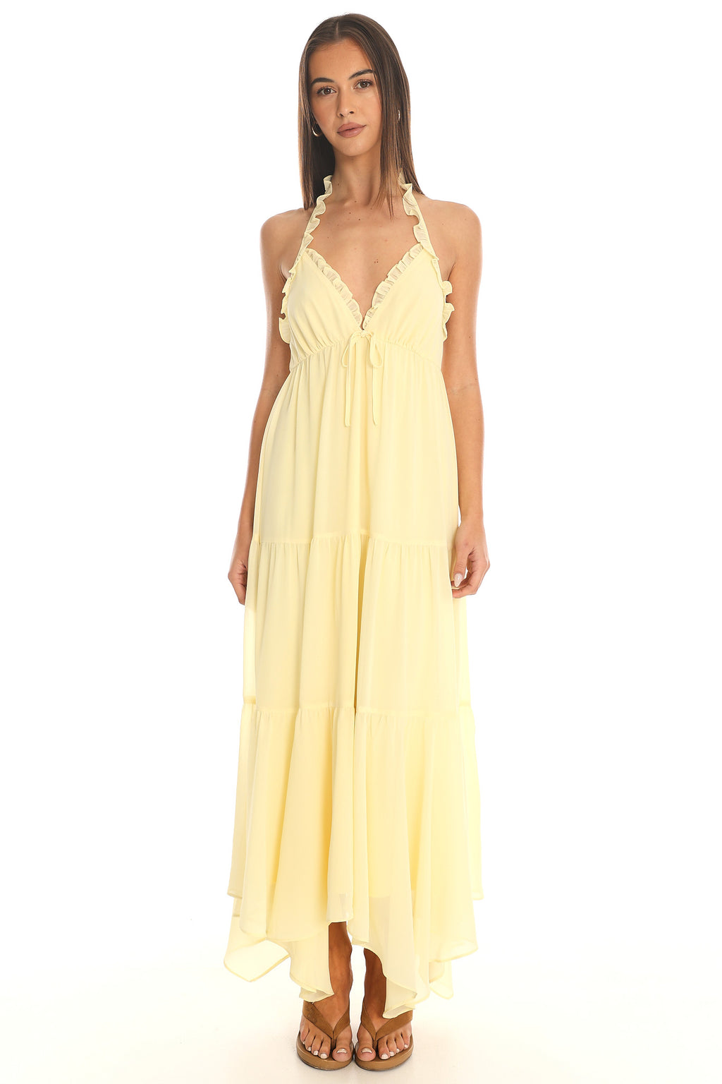 Island Escape Ruffled Halter Dress Butter Yellow
