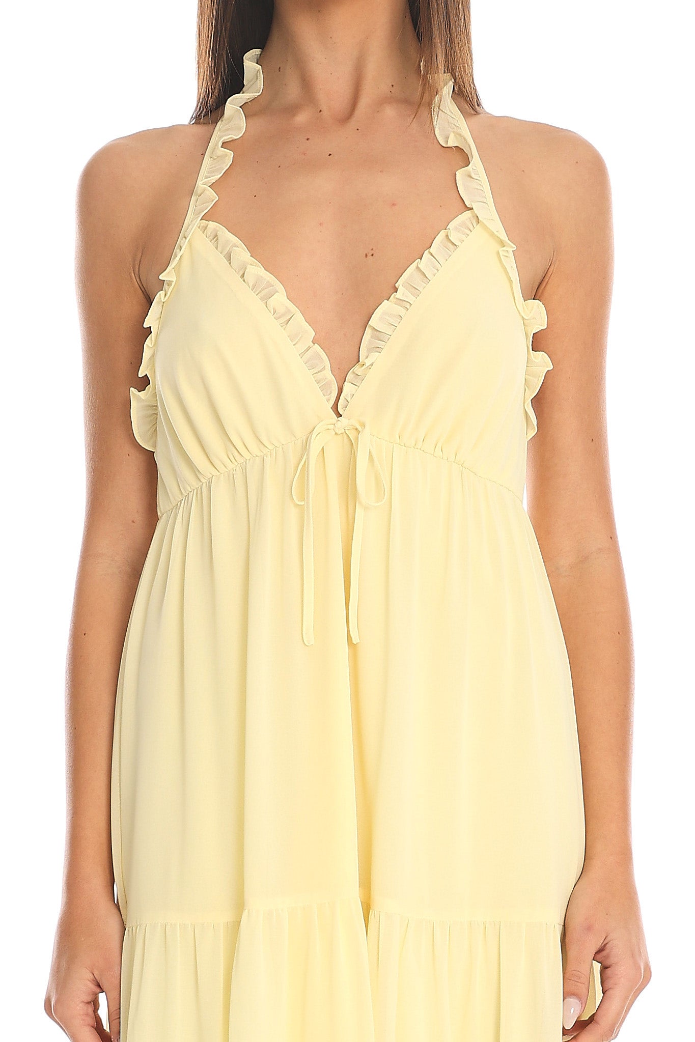 Island Escape Ruffled Halter Dress Butter Yellow
