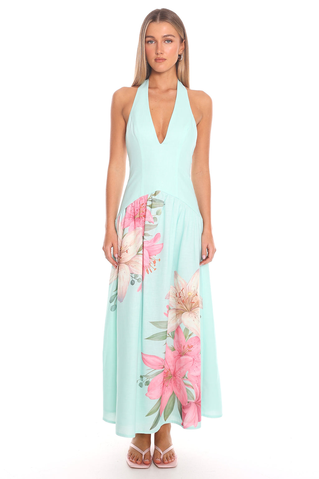 Everglades Floral Hem Halter Maxi Dress Mint