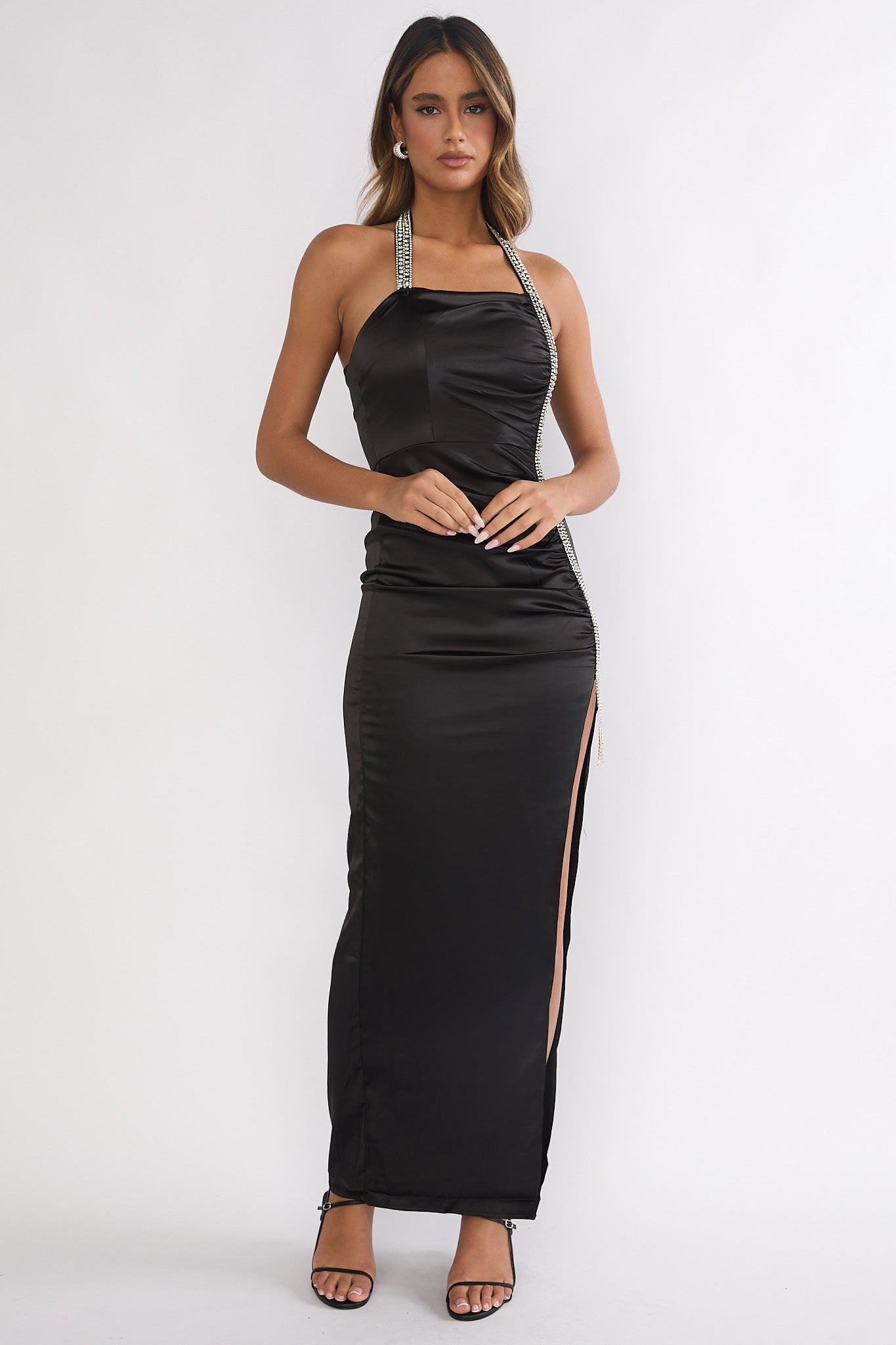 Glitterati Halter Diamante Maxi Dress Black by Selfie Leslie Australia