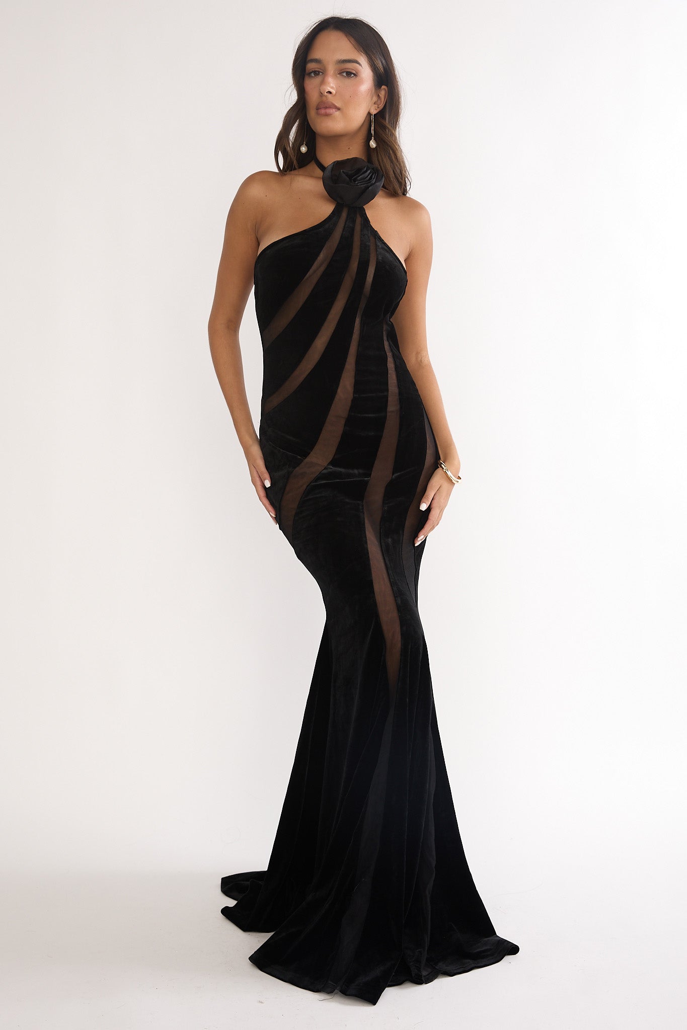 Azelia Velvet Mesh Maxi Dress Black by Selfie Leslie Australia