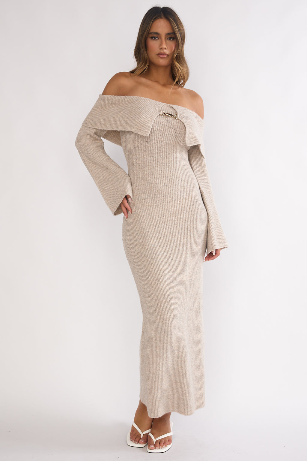 Arwyn Foldover Off-Shoulder Knit Maxi Dress Quinoa by Selfie Leslie Australia