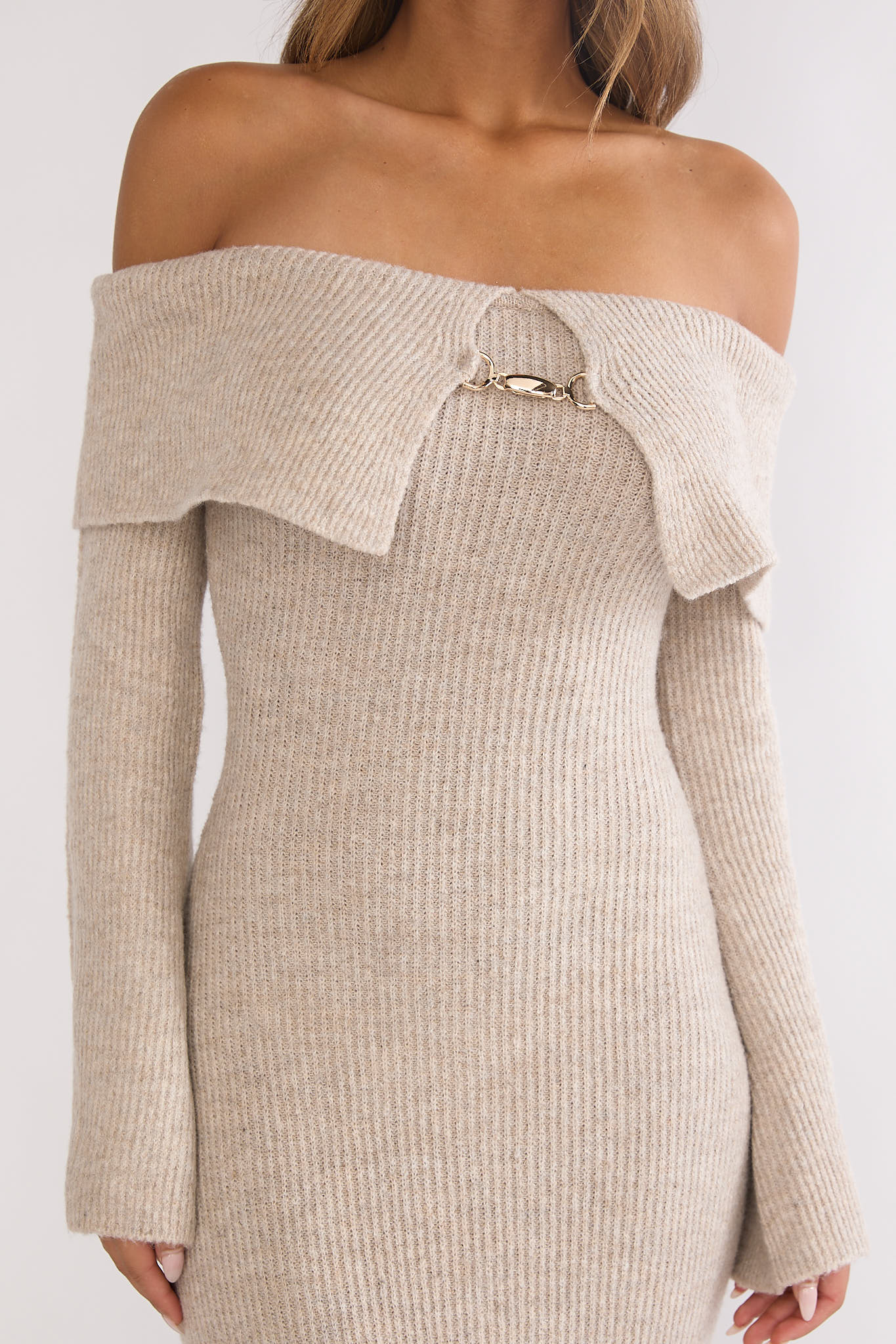 Arwyn Foldover Off-Shoulder Knit Maxi Dress Quinoa by Selfie Leslie Australia