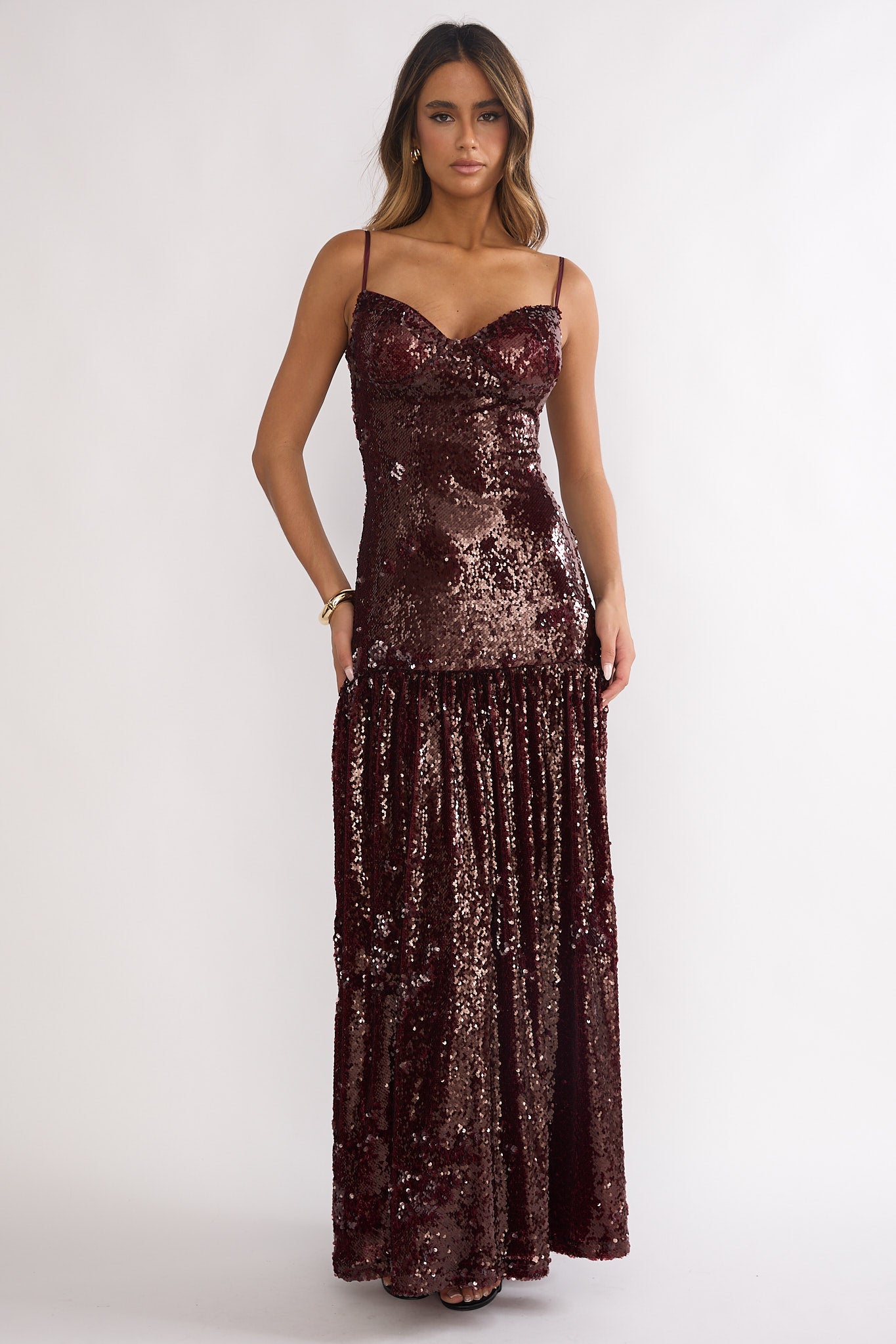Miller Drop Waist Sequin Maxi Dress Burgundy by Selfie Leslie Australia
