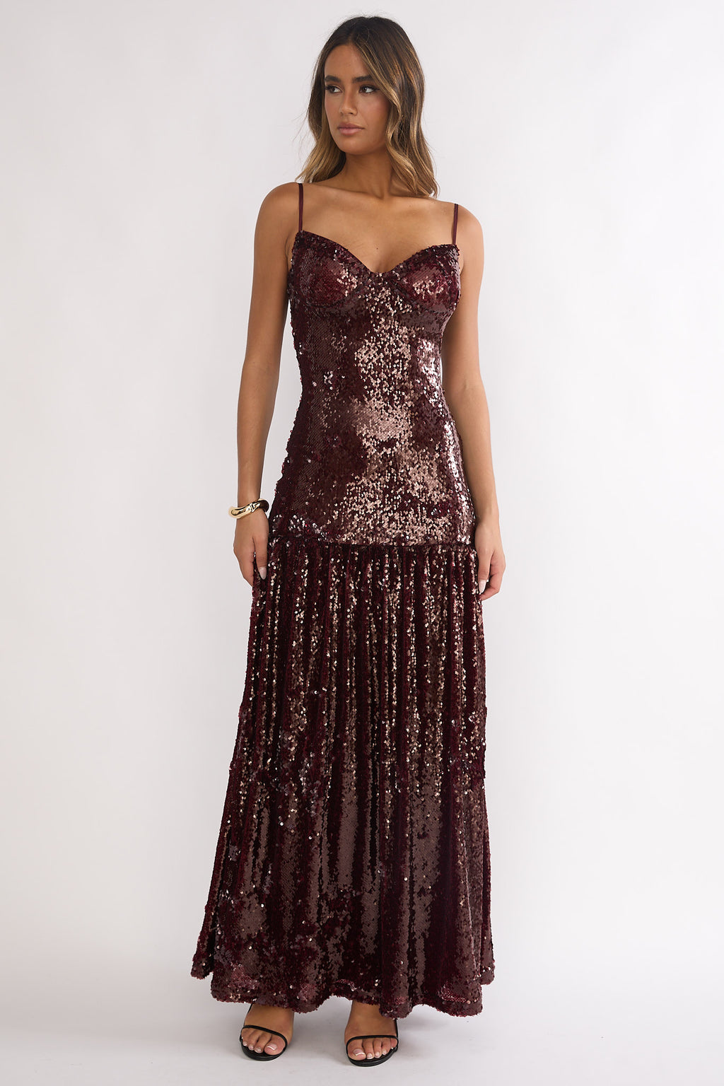 Miller Drop Waist Sequin Maxi Dress Burgundy by Selfie Leslie Australia