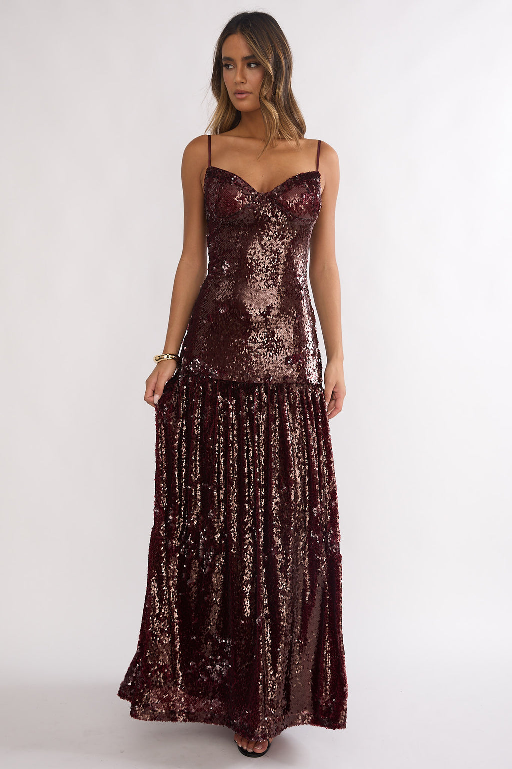 Miller Drop Waist Sequin Maxi Dress Burgundy by Selfie Leslie Australia