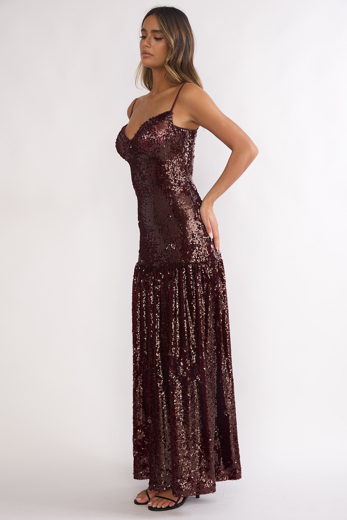 Miller Drop Waist Sequin Maxi Dress Burgundy by Selfie Leslie Australia