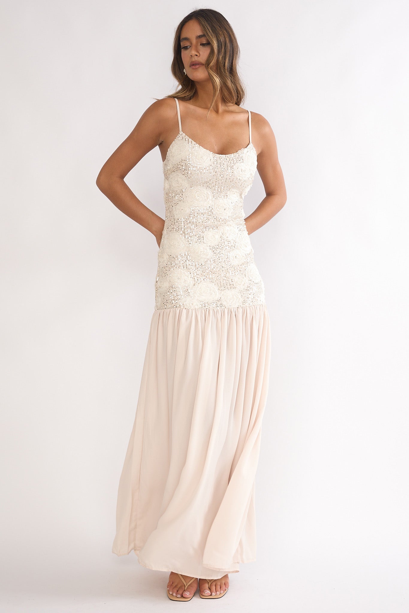 Opheliane Drop Waist Sequin Maxi Dress Champagne by Selfie Leslie Australia