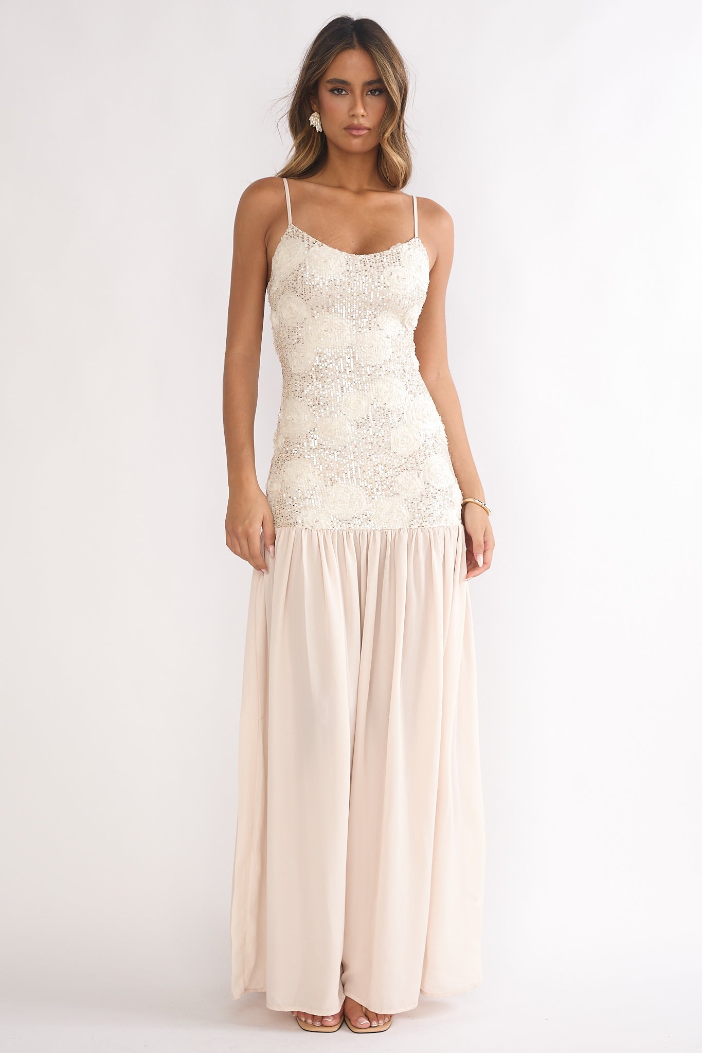 Opheliane Drop Waist Sequin Maxi Dress Champagne by Selfie Leslie Australia