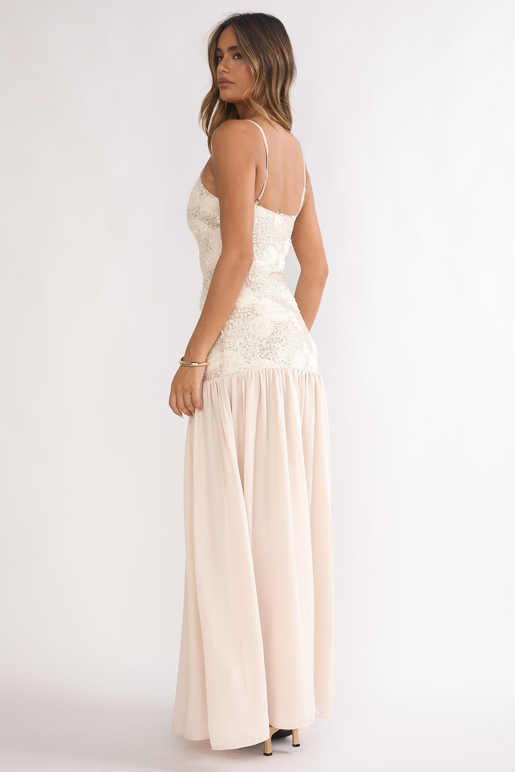 Opheliane Drop Waist Sequin Maxi Dress Champagne by Selfie Leslie Australia