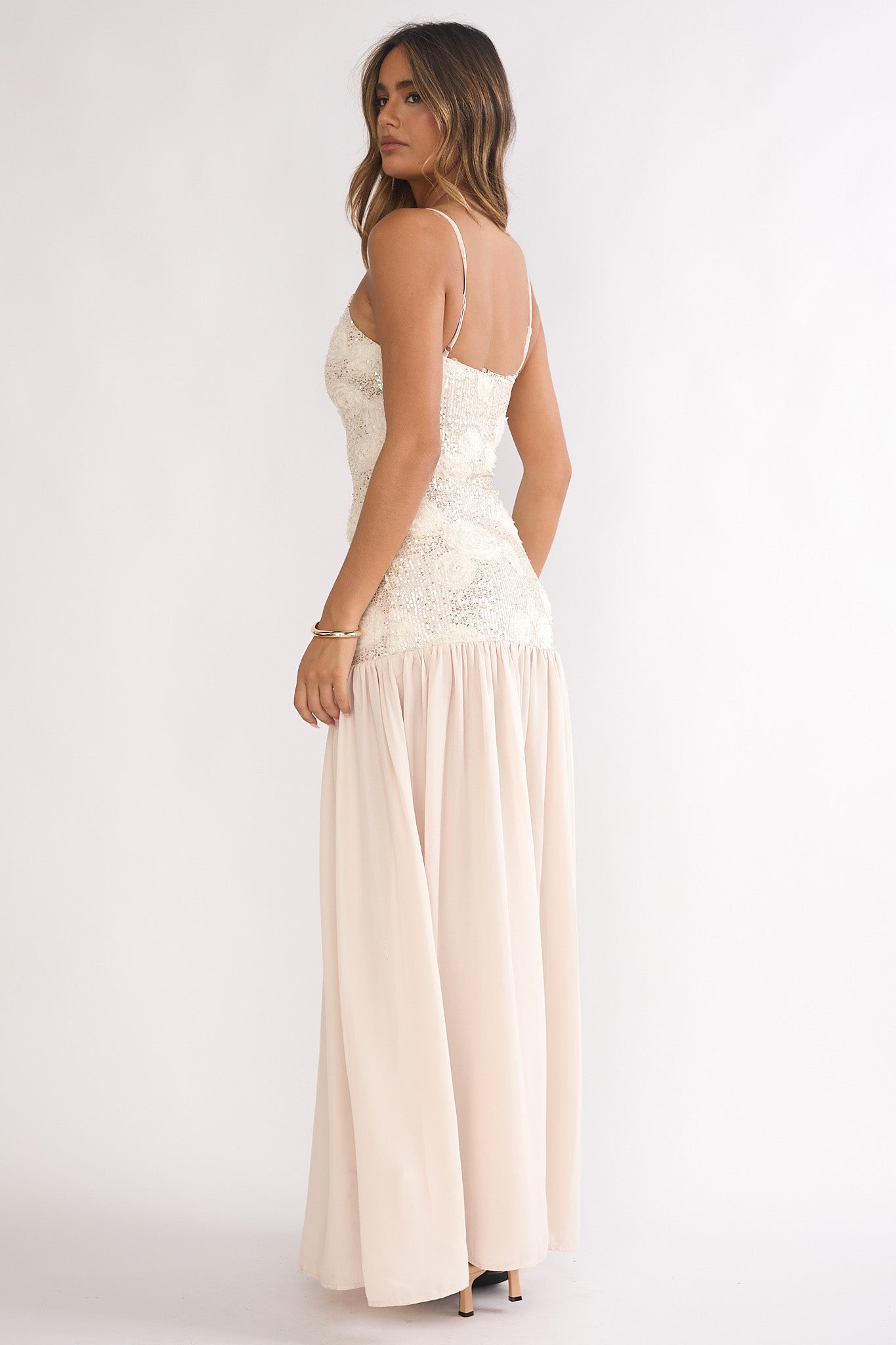 Opheliane Drop Waist Sequin Maxi Dress Champagne by Selfie Leslie Australia