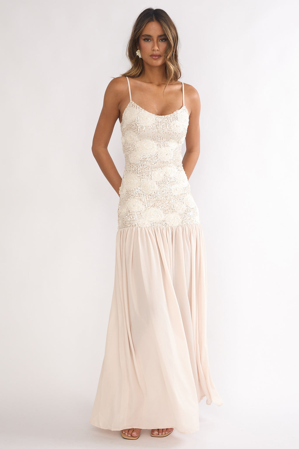 Opheliane Drop Waist Sequin Maxi Dress Champagne by Selfie Leslie Australia