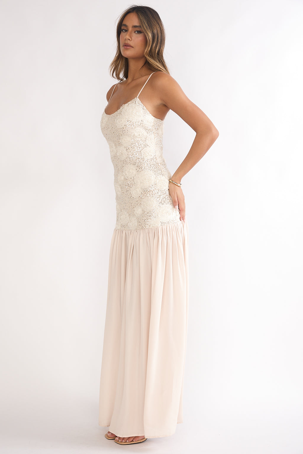 Opheliane Drop Waist Sequin Maxi Dress Champagne by Selfie Leslie Australia
