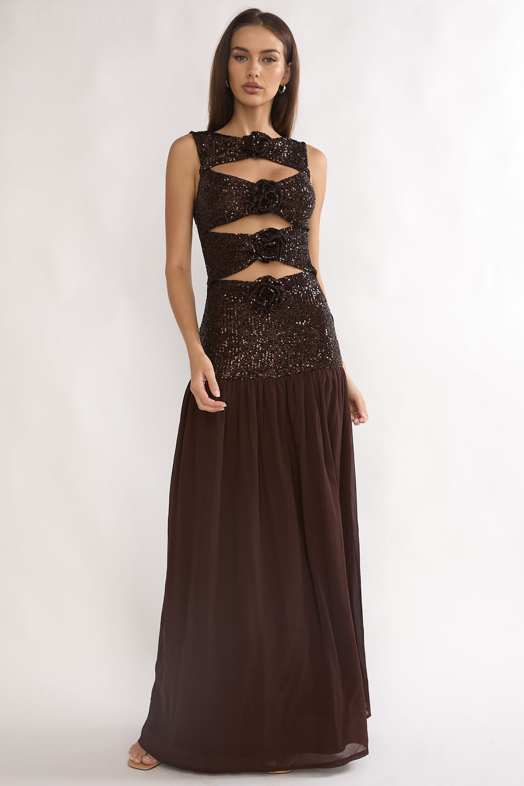 Dioris Rosette Cut-Out Sequin Maxi Dress Sequin Choco by Selfie Leslie Australia