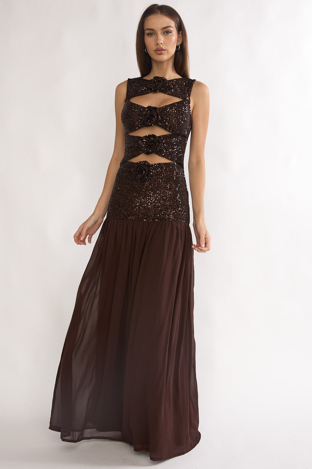Dioris Rosette Cut-Out Sequin Maxi Dress Sequin Choco by Selfie Leslie Australia