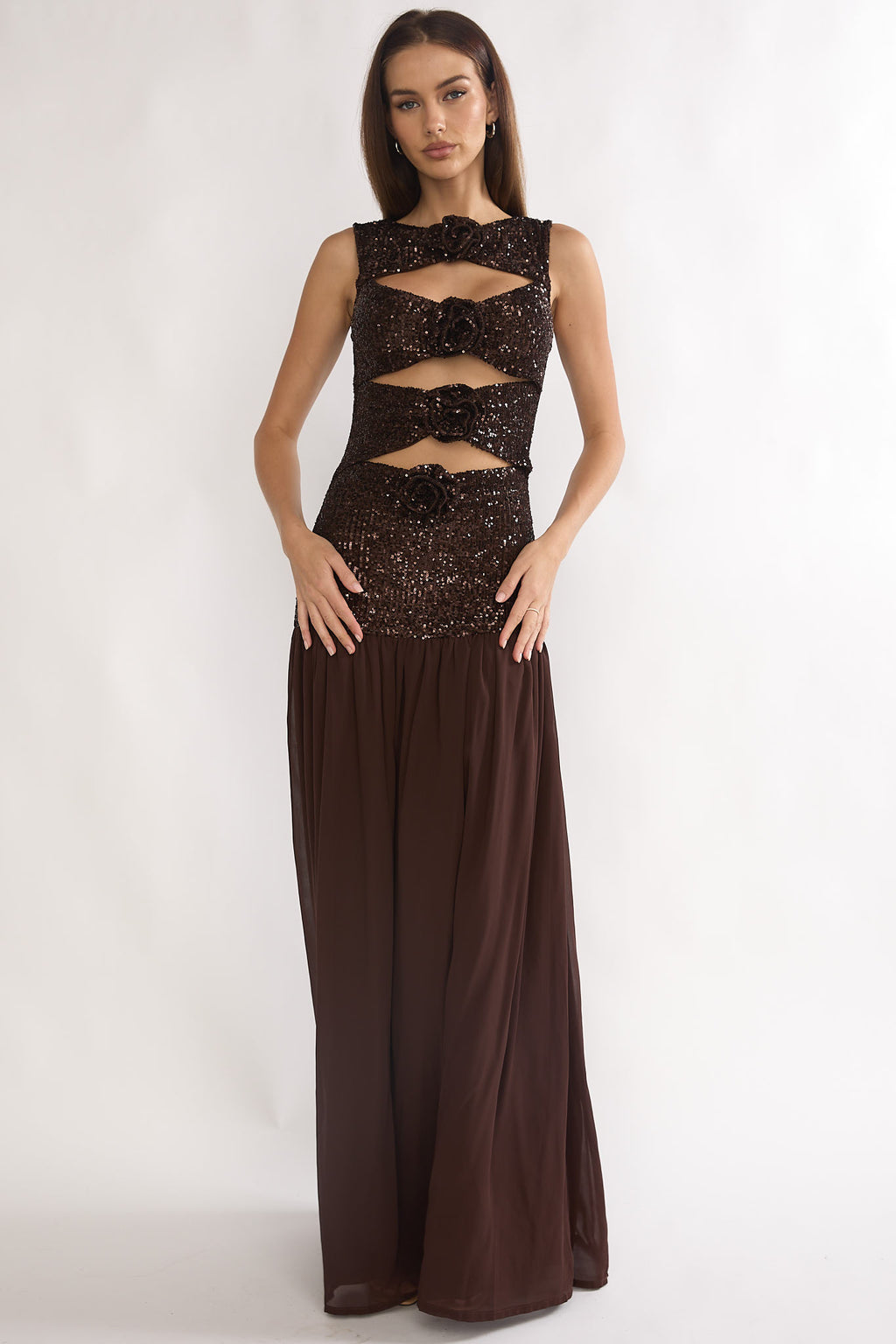 Dioris Rosette Cut-Out Sequin Maxi Dress Sequin Choco by Selfie Leslie Australia