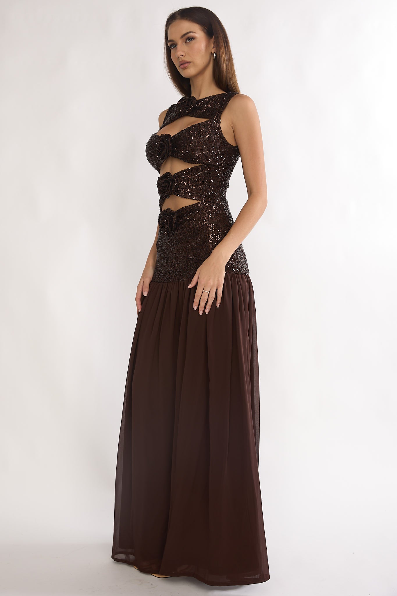 Dioris Rosette Cut-Out Sequin Maxi Dress Sequin Choco by Selfie Leslie Australia